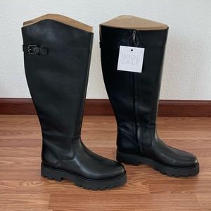 Franco Sarto Balin Tall Lug Sole Boot Black Leather Knee High 9.5 WC Wide Calf
